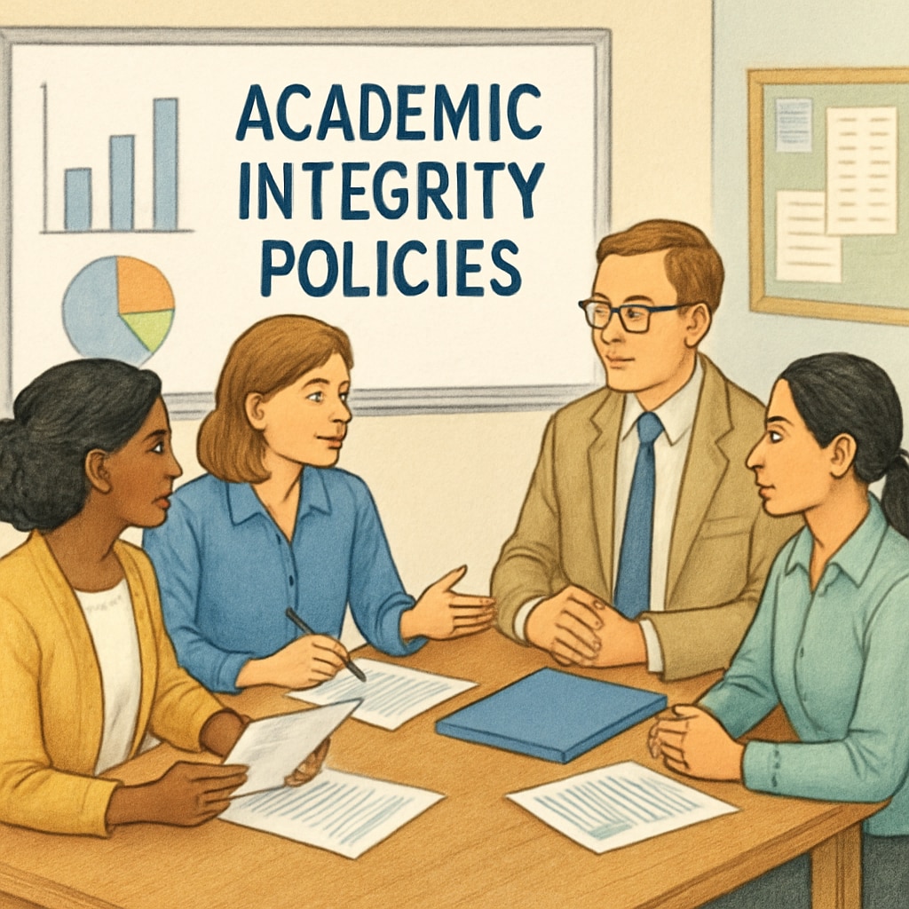 A school meeting with teachers discussing academic integrity policies, highlighting collaboration and transparency. Teachers collaborating on academic integrity policies.