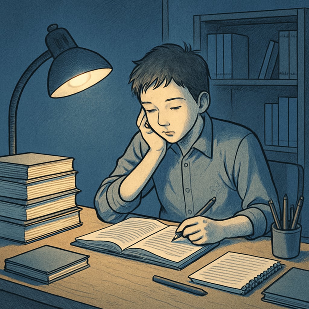 A tired high school student studying late at night after completing a part-time job shift, surrounded by textbooks. High school student struggling to balance work and academics.