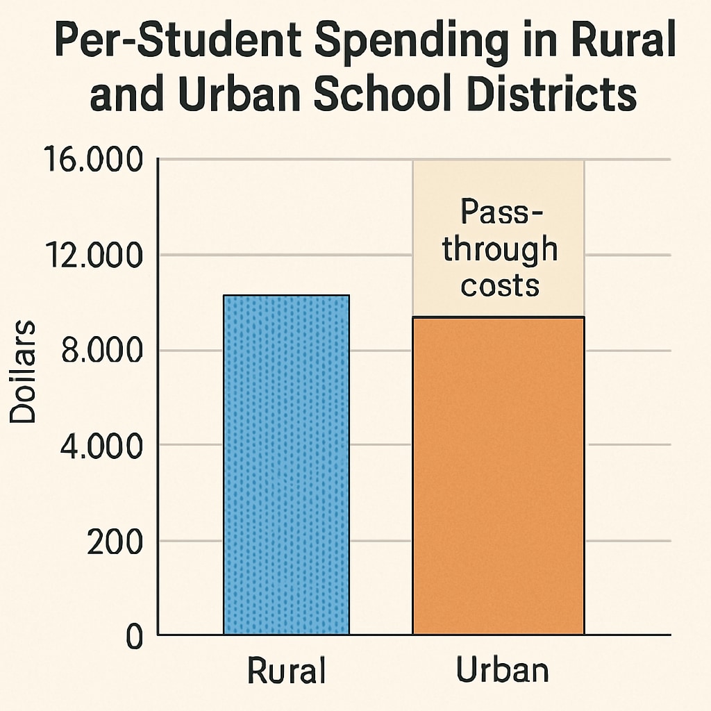 A graph comparing per-student spending in rural and urban districts, highlighting disparities caused by pass-through costs. A graph showing disparities in per-student spending due to pass-through costs.