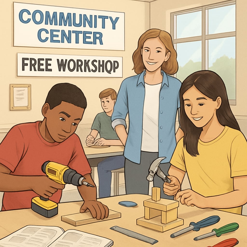 A community center hosting a free workshop where high school students are learning practical skills. High school students participating in a community center workshop to develop skills.