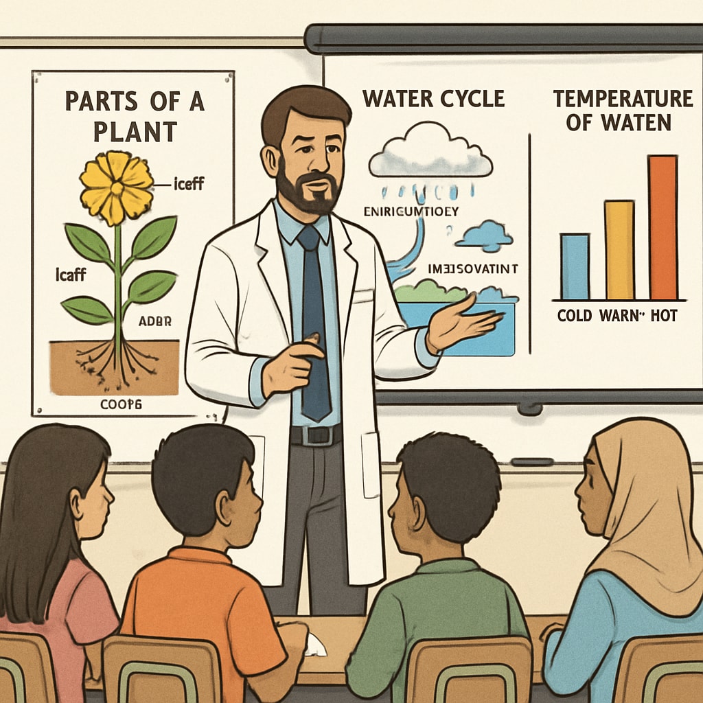 A science teacher using labeled diagrams and charts to explain a concept to a diverse classroom of English learners. A teacher explaining science with diagrams to English learners in a classroom.