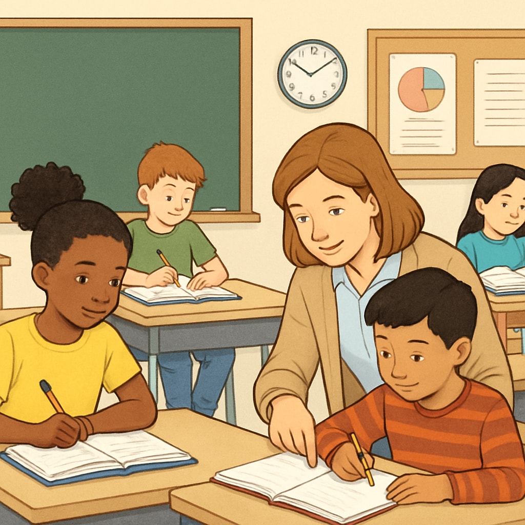 A classroom with diverse students, including one receiving individual tutoring support. A diverse classroom showing a tutor assisting a student with learning challenges.