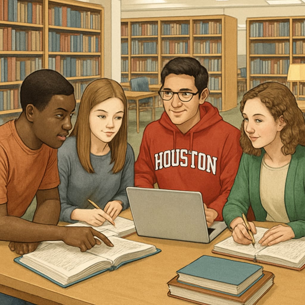 Students collaborating in a study group within the University of Houston library. University of Houston study group collaboration.