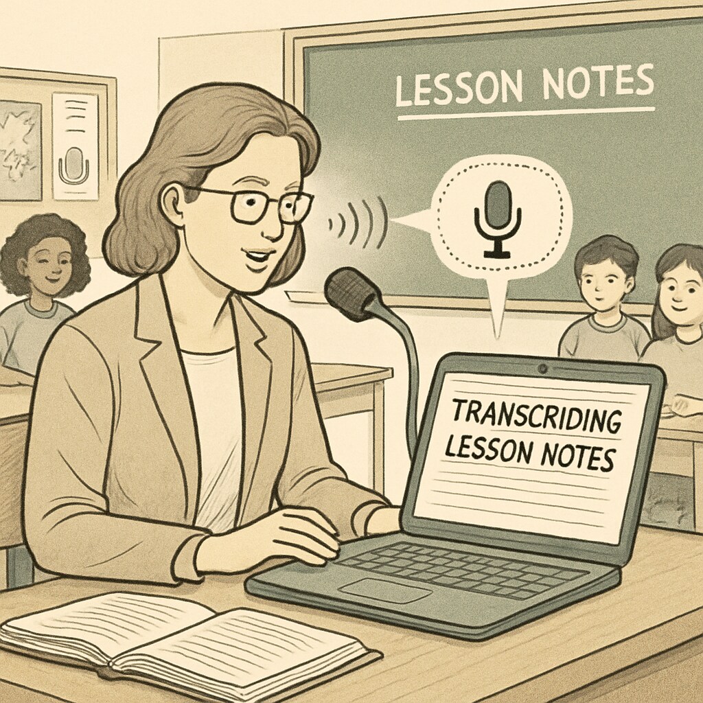 A teacher using a speech recognition tool to transcribe lesson notes in real time, with a classroom in the background. Teacher using speech recognition for lesson transcription in class.