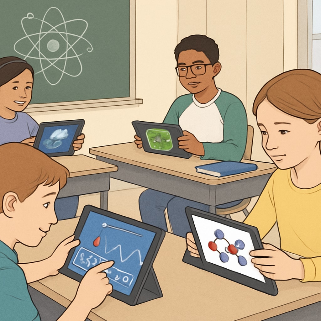 Students using tablets to explore interactive science simulations in a classroom setting. English learners engaging with science simulations on tablets in a classroom.
