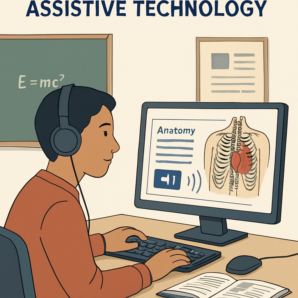 An illustration of assistive technology, such as a student using text-to-speech software to study medical content. A student using assistive technology, like text-to-speech, to learn medical concepts.