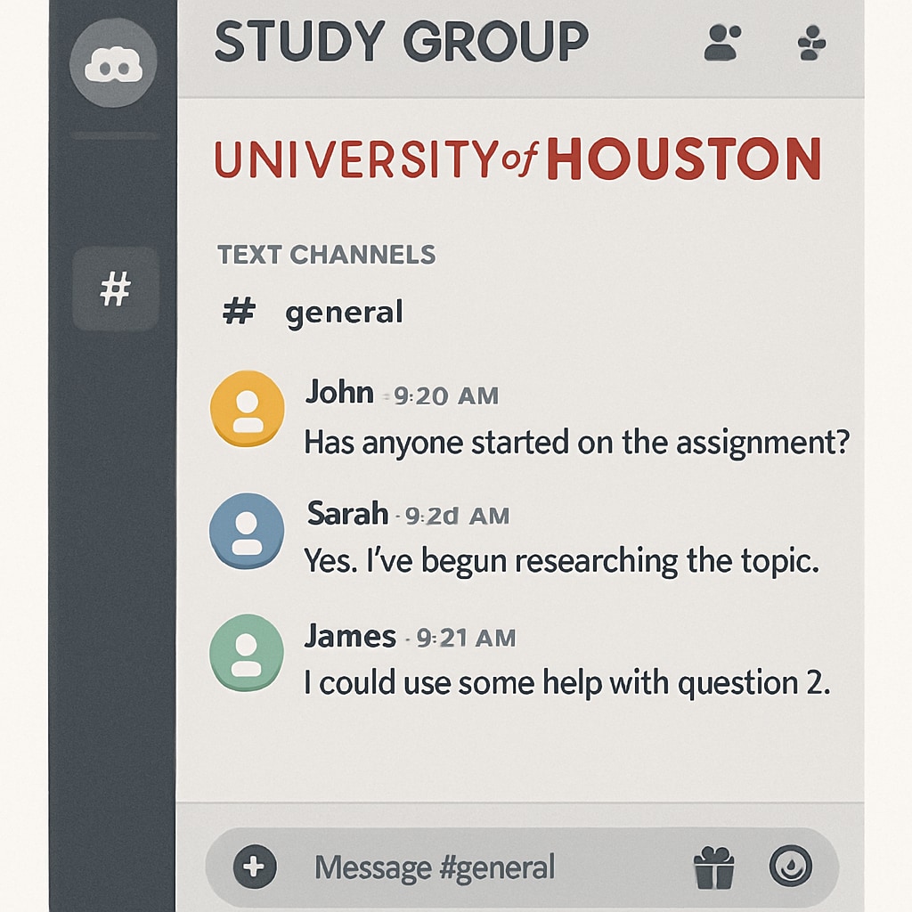 A Discord interface showing a study group channel for University of Houston students. Discord study group for University of Houston students.