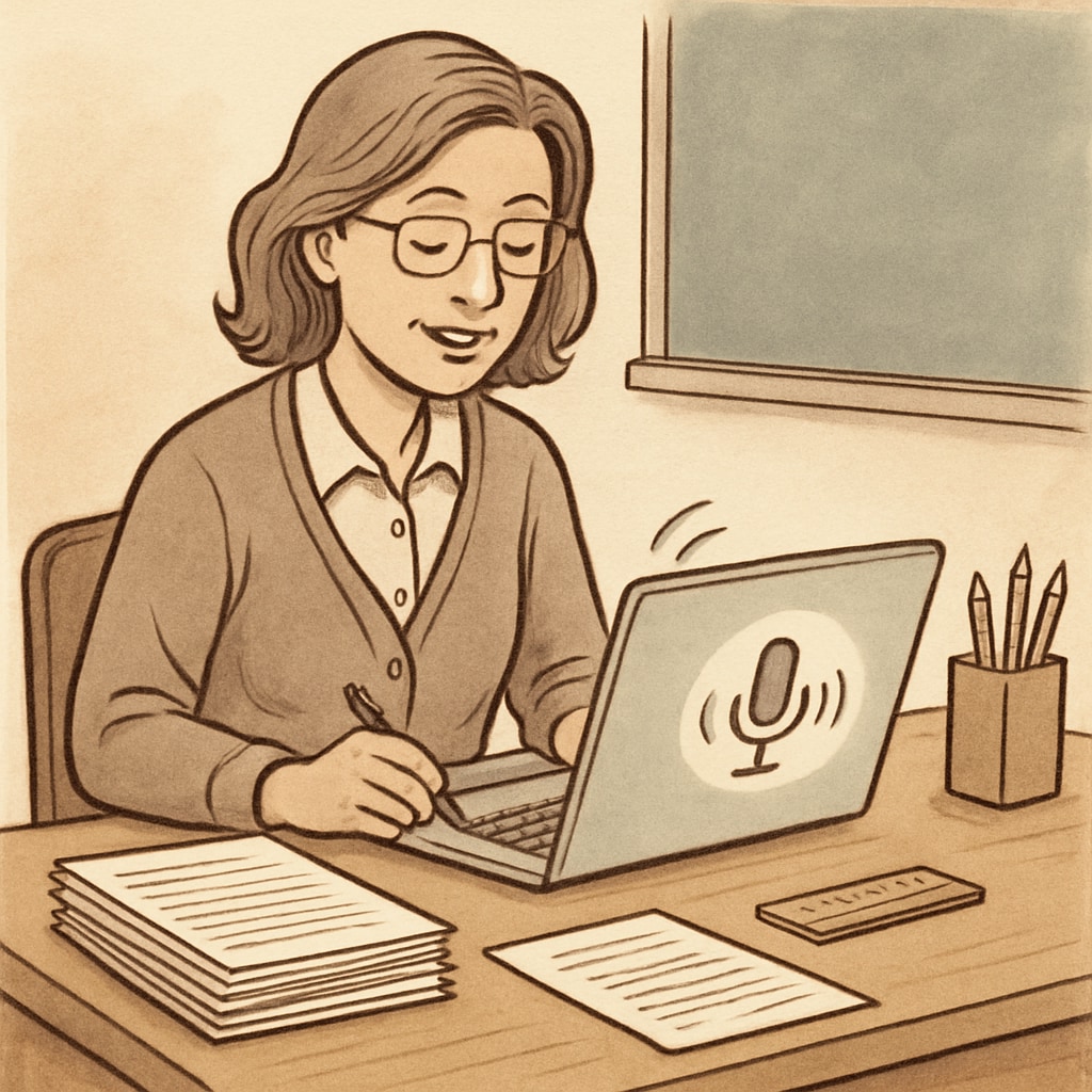 A teacher dictating personalized feedback into a laptop using a speech recognition application, with student papers on the desk. Teacher providing feedback through speech recognition software.