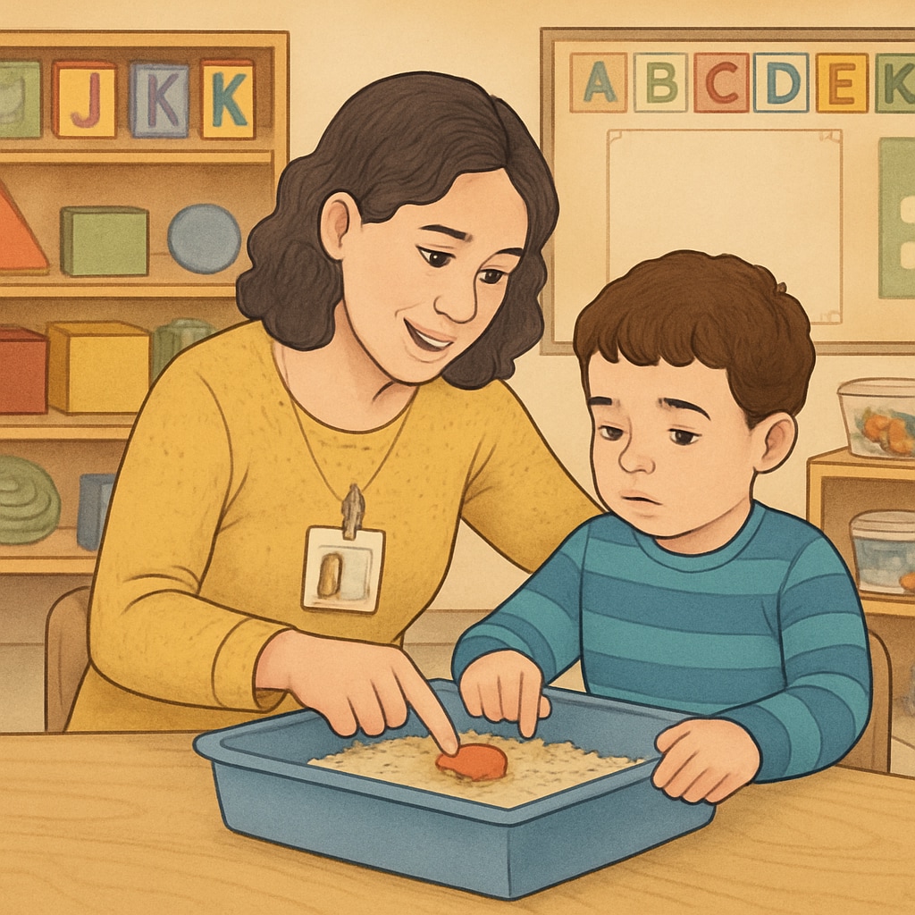 Teacher assistant aiding a child with autism in a sensory activity.