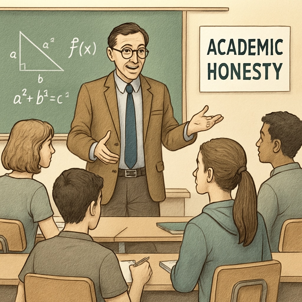 A classroom setting showing a professor addressing students about academic honesty. A professor explaining academic integrity to students in a classroom.