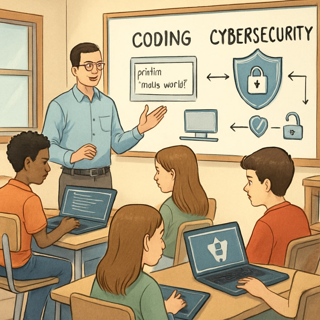 A classroom setting where students are learning coding and cybersecurity basics on laptops. Students learning coding and cybersecurity basics in a classroom setting.