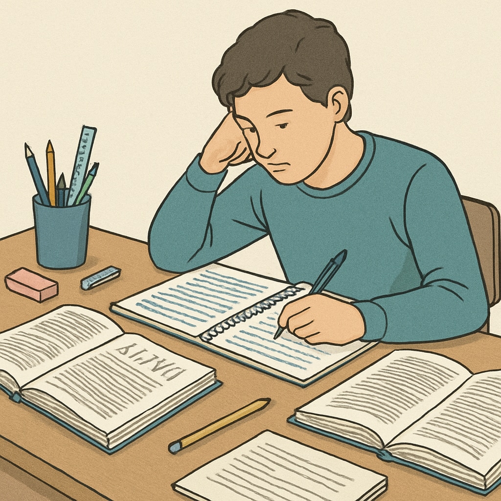 Student preparing for A-Level exams with study materials.