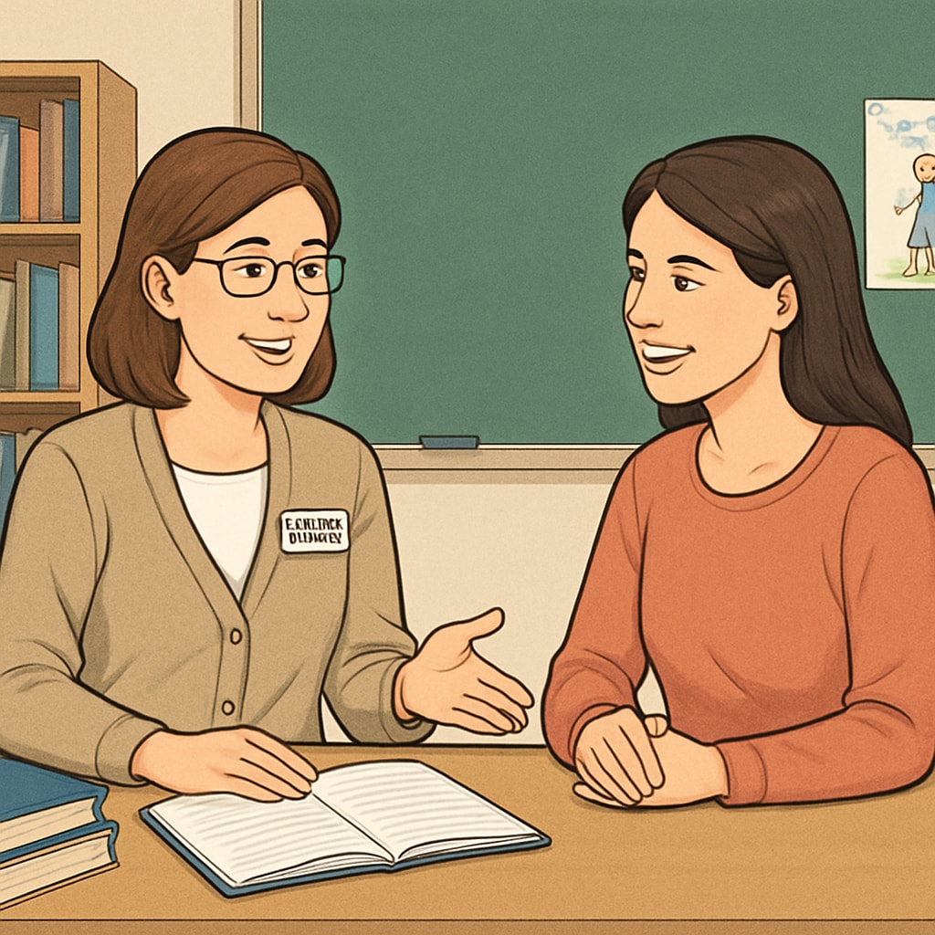 Teacher assistant discussing autism support strategies with a parent.