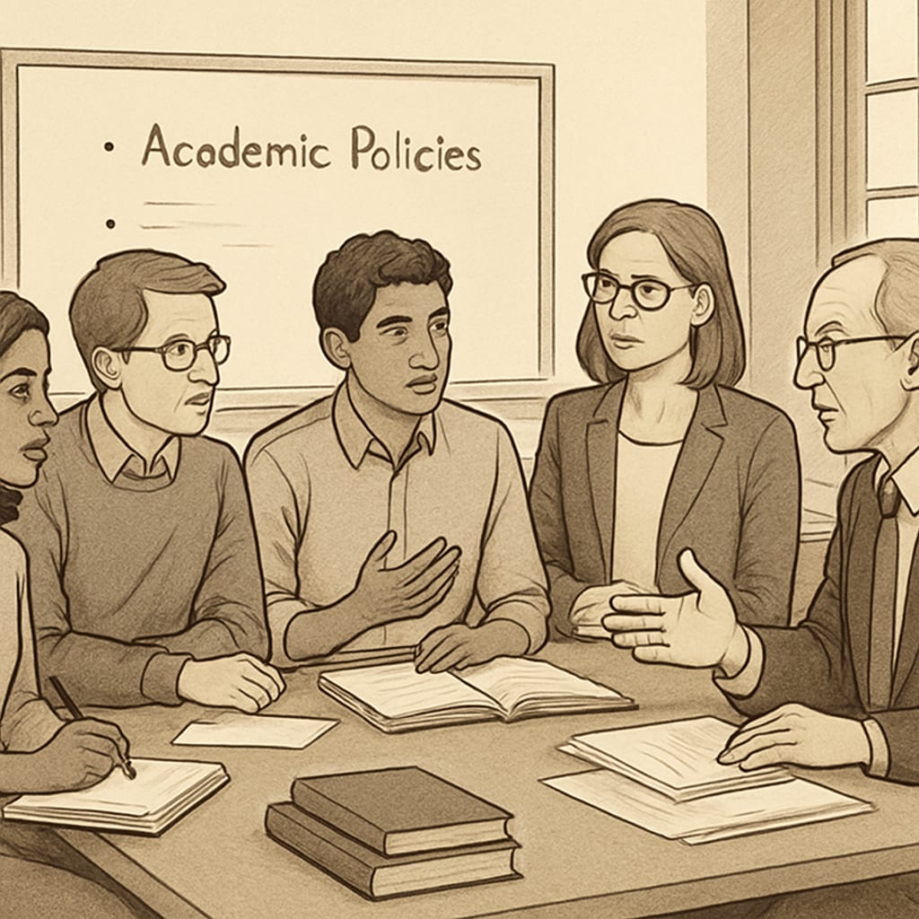 A diverse group of students and professors discussing academic policies in a collaborative setting. Students and professors collaborating to understand academic integrity policies.