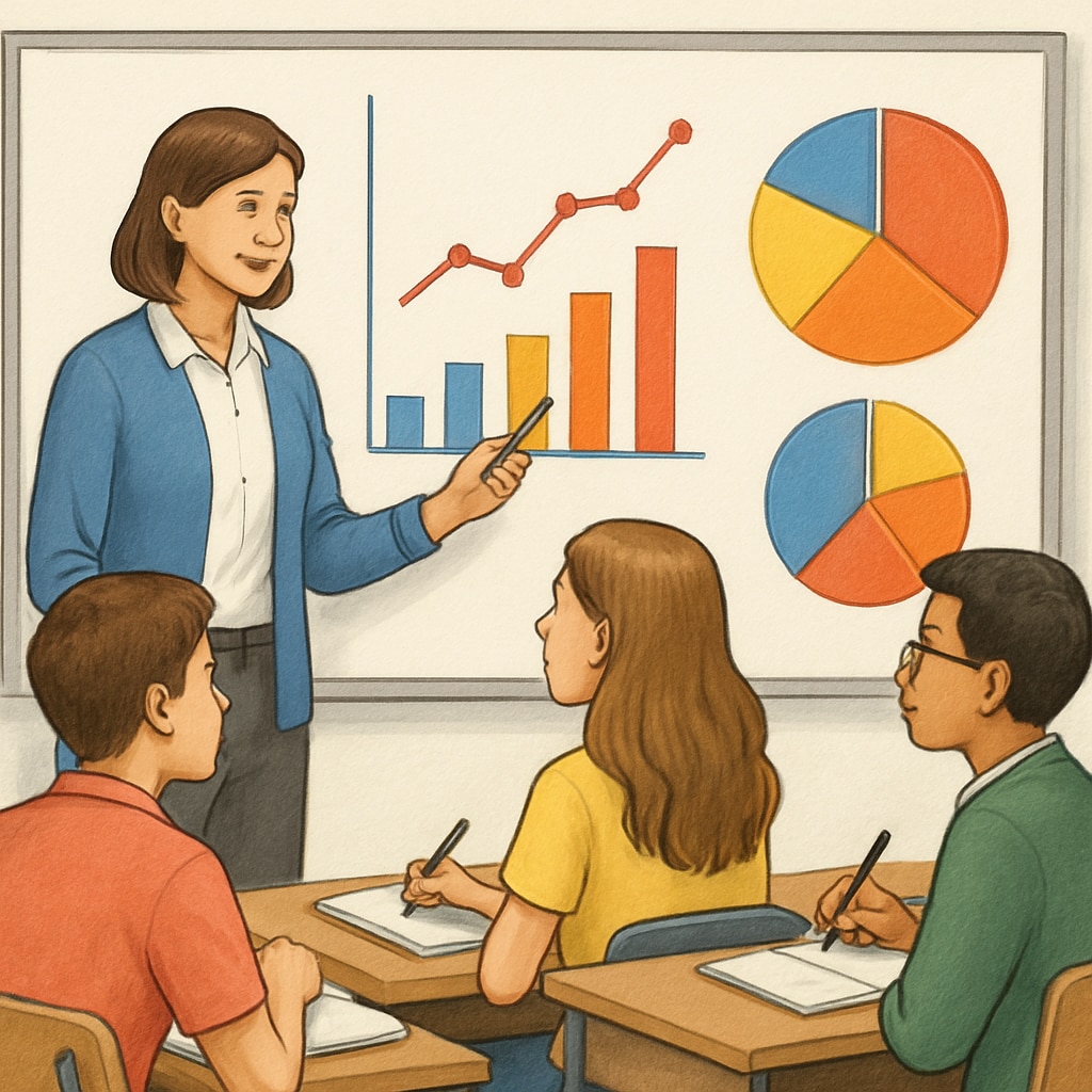 A teacher guiding students through a data visualization project using colorful charts and graphs. Teacher assisting students with a data visualization project.
