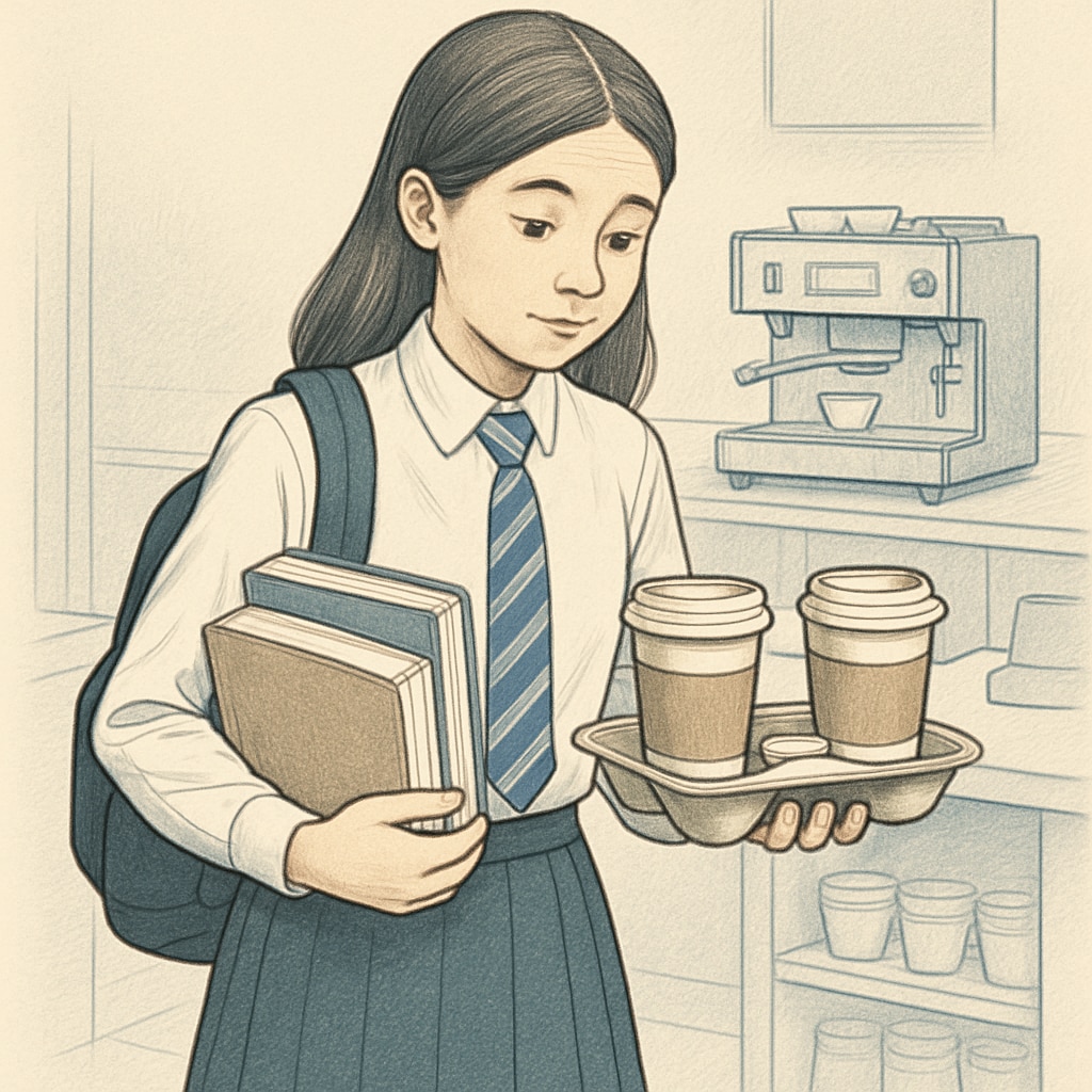 A teenage student working part-time at a coffee shop, balancing her schoolbooks and a coffee tray. High school student balancing part-time work and academics