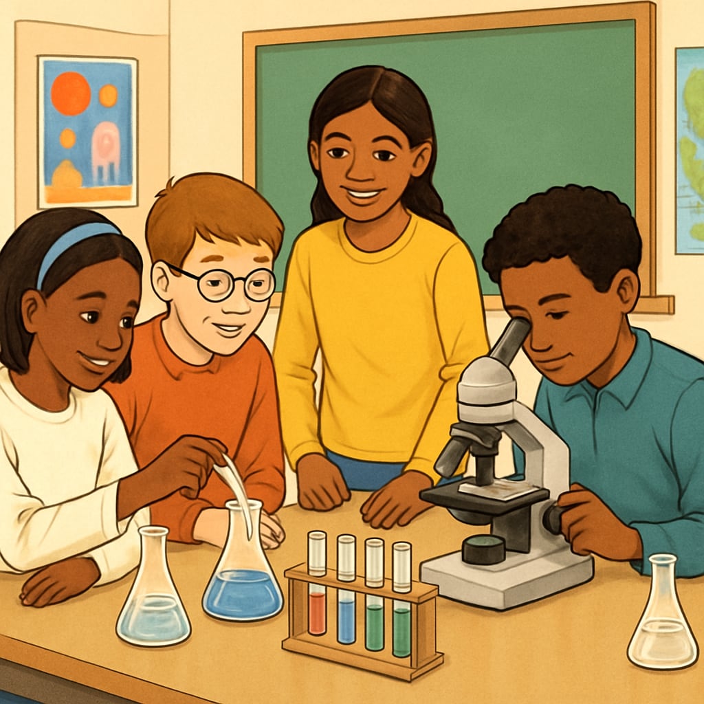 Diverse group of students conducting hands-on science experiments, illustrating inclusive teaching strategies.