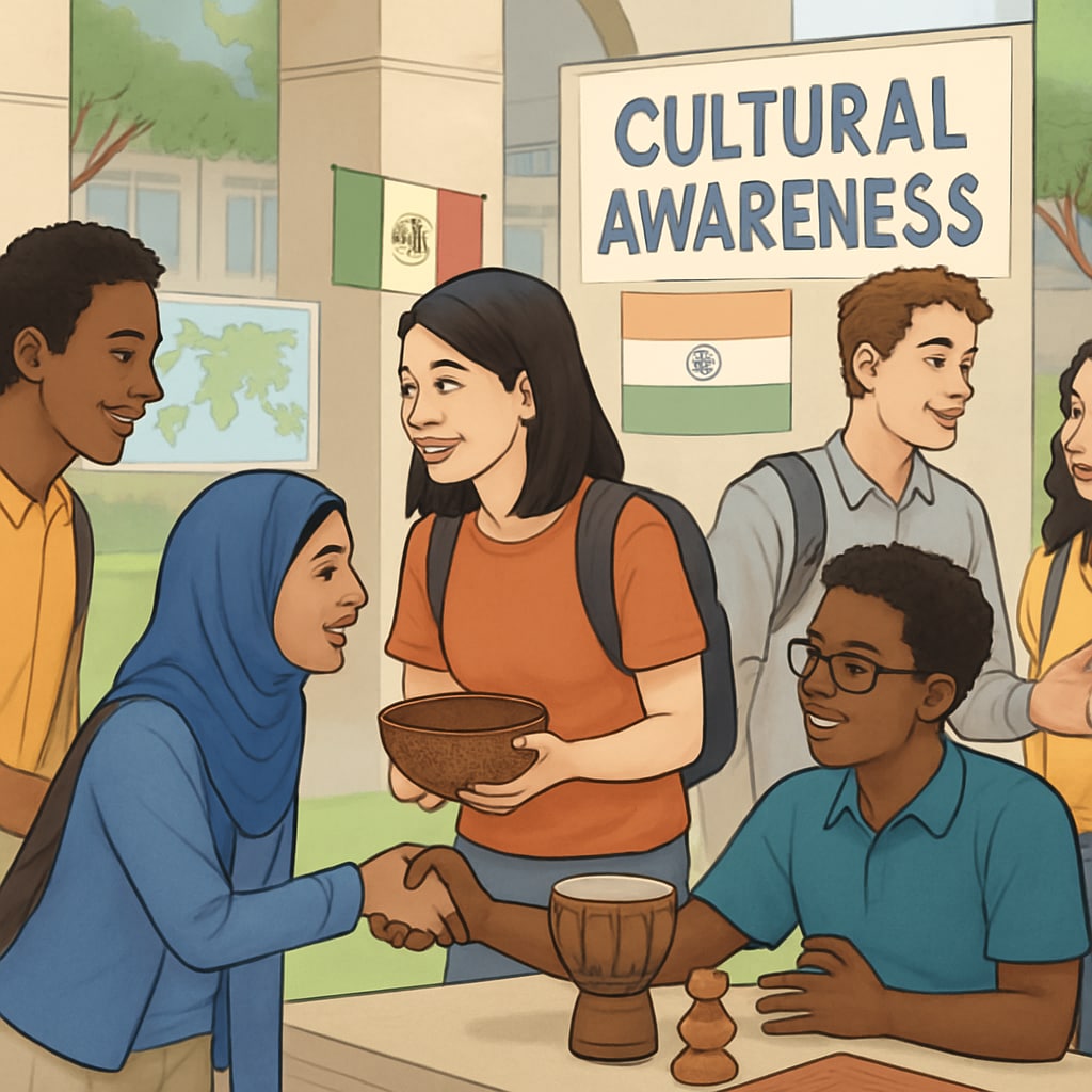 A diverse group of students participating in a cultural awareness event on campus. Students engaging in a cultural awareness event, symbolizing wokeness and inclusivity in schools.