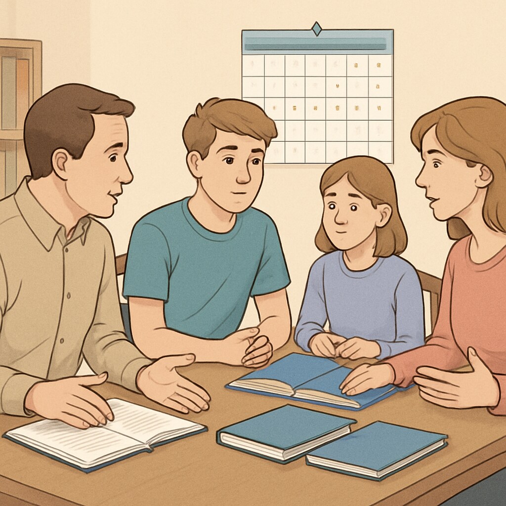 A family discussing a teenager's work schedule at the dining table, with school materials and a calendar. Parents helping a high school student balance work and school