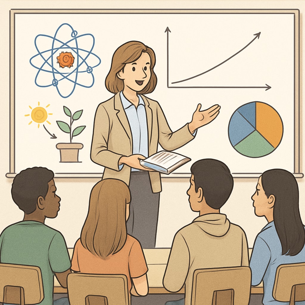 Teacher explaining science with visual aids to English learners in a diverse classroom.