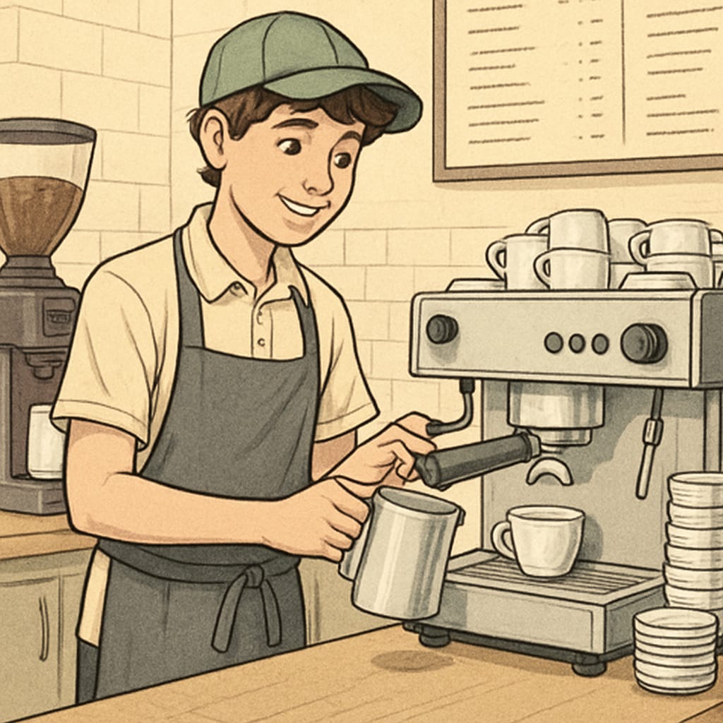 A teenager working part-time at a local coffee shop, showcasing independence and responsibility. Teen working at a coffee shop demonstrating independence and responsibility.