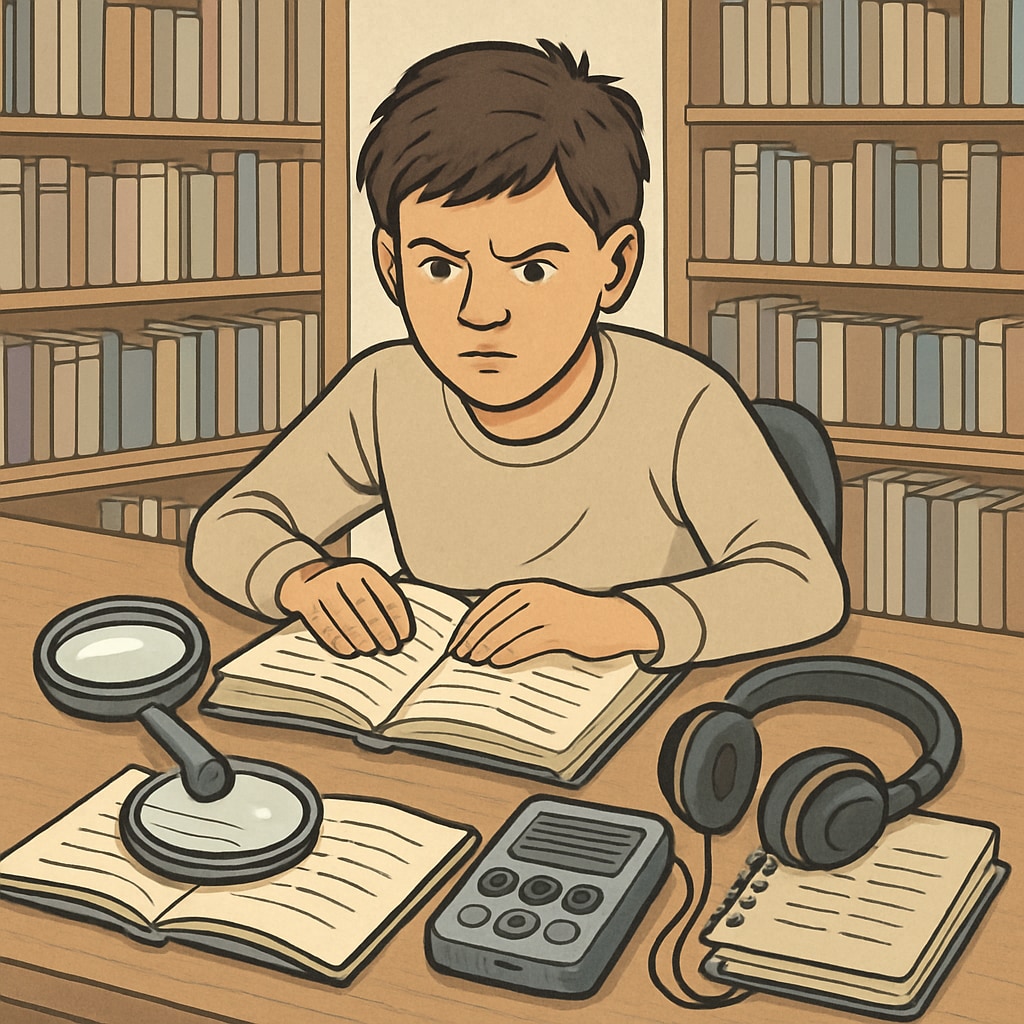 Student with learning disability studying with assistive tools.
