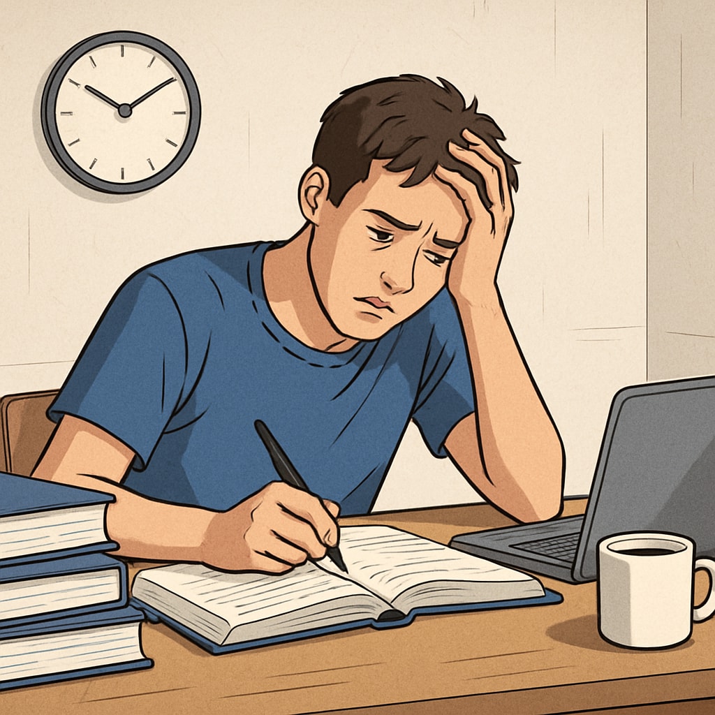 A student struggling to balance homework and part-time work at a desk, highlighting potential stress. Teen balancing homework and part-time work, illustrating stress challenges.