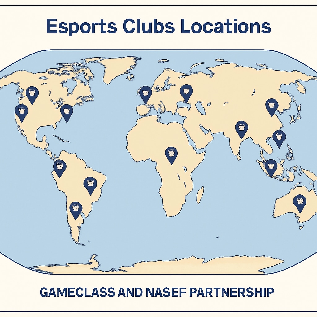 Global map of esports clubs participating in game-based learning initiatives.