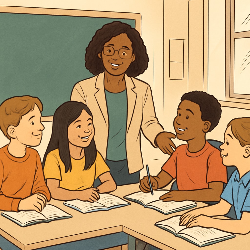 An educator leading a diverse classroom, emphasizing inclusivity. A K12 teacher showcasing skills relevant to Canadian schools.