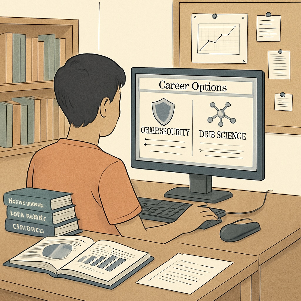 A student researching cybersecurity and data science career options on a computer. Student exploring cybersecurity and data science career paths online.