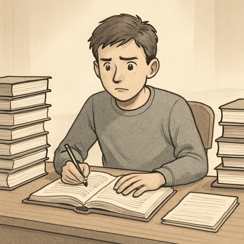 A student sitting at a desk, surrounded by books, looking determined but overwhelmed. This image represents the struggle of balancing education and personal challenges. Student studying at a desk, reflecting the challenges of pursuing medical dreams amidst learning difficulties.