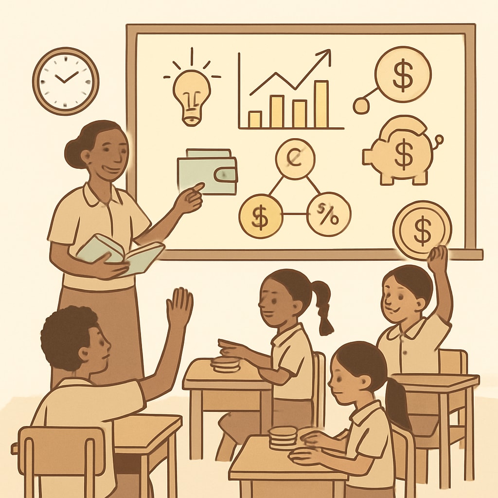 A classroom of students in a developing country learning about financial literacy through interactive activities. Financial literacy education in a developing country classroom.