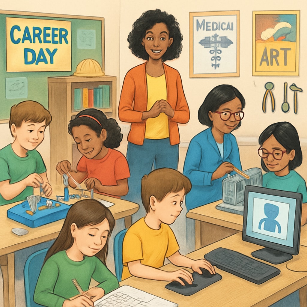 A career development workshop in a K-12 classroom, where students engage in hands-on activities to explore potential career paths. Career planning workshop in a K-12 education setting.
