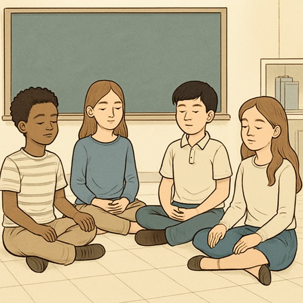 A group of students sitting in a circle during a mindfulness session, appearing calm and focused. This represents the role of emotional well-being in overcoming family pressures. Group mindfulness session for students, emphasizing emotional strategies for managing family expectations.
