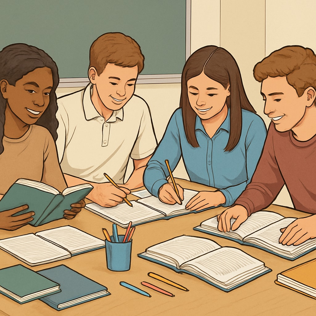 A photograph of high school students studying together, symbolizing collaboration and academic growth. High school students collaborating over academic work, representing growth and teamwork.