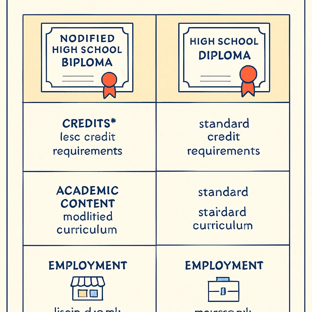 A comparison chart illustrating the differences between modified and standard high school diplomas. Chart comparing modified and standard high school diplomas.