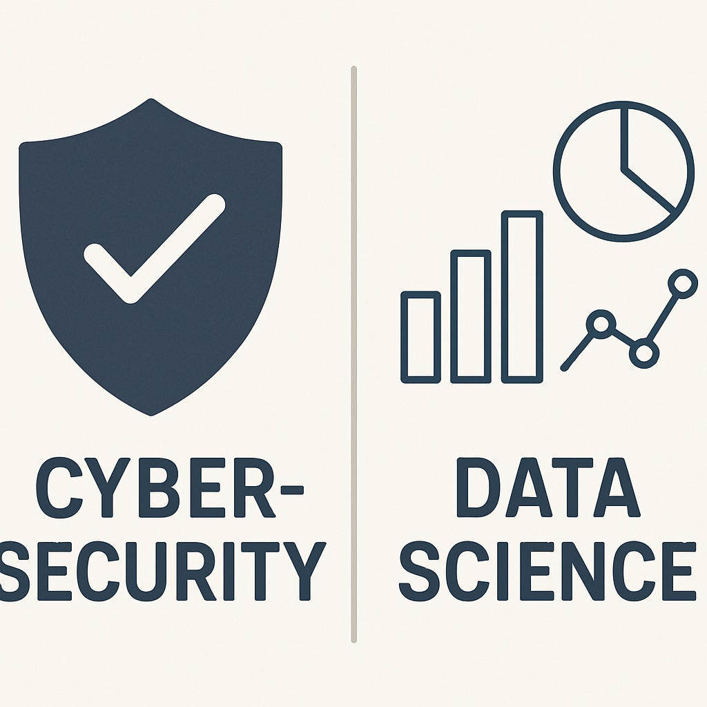 A graphic illustrating the distinction between cybersecurity and data science (e.g., icons such as shield for cybersecurity and charts for data science). Cybersecurity vs Data Science career paths comparison graphic.