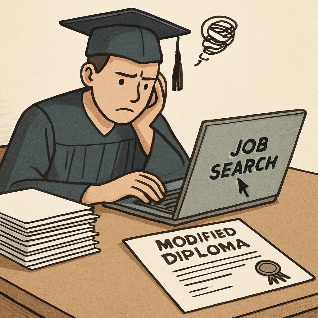 A frustrated graduate searching for job opportunities on a laptop, representing the challenges faced by modified diploma holders. Graduate facing challenges with a modified diploma.
