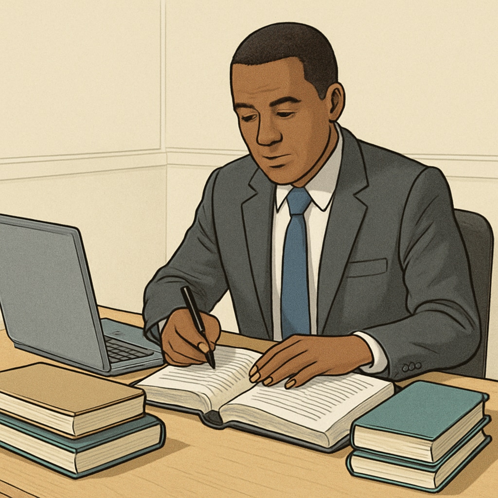 A professional in a business suit studying with a laptop and books, symbolizing the balance between work and education. Image of a professional balancing study and work for career growth.