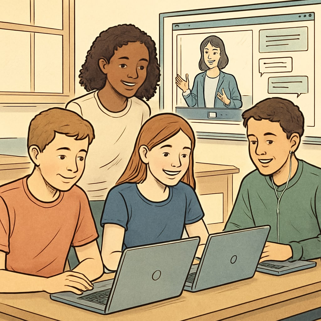 A group of high school students participating in an interactive online course, symbolizing extracurricular learning. High school students engaging in an online course for extracurricular learning.
