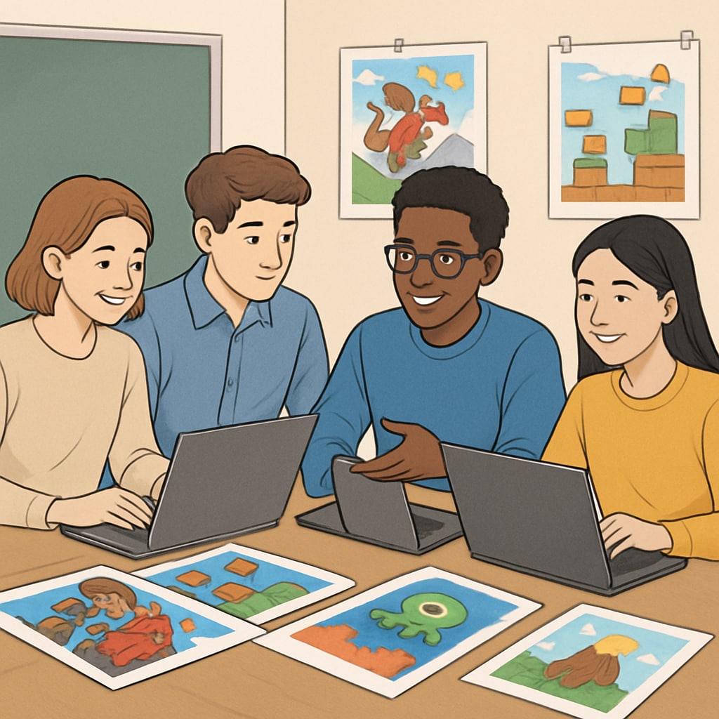 A diverse group of students collaborating on a gaming project, with laptops and creative artwork displayed around them. Students working on esports projects, fostering collaboration and creativity.