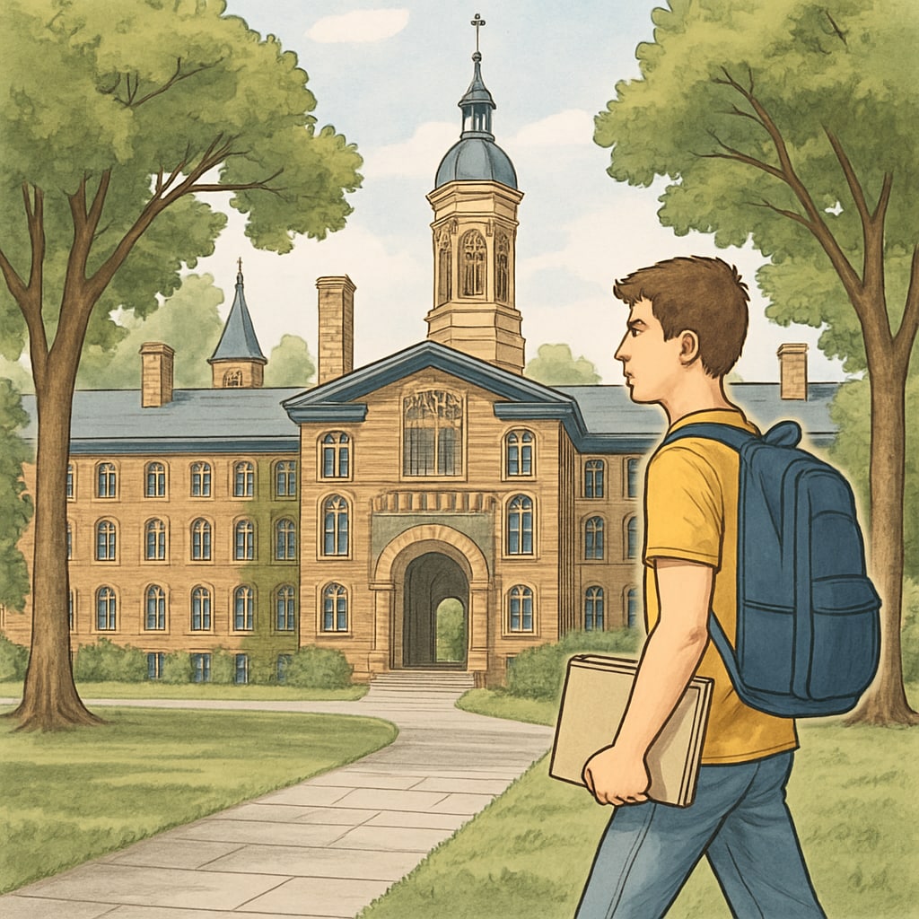 A student walking on Princeton's historic campus, symbolizing the prestige of Ivy League education. Princeton campus with a student walking, symbolizing Ivy League education.