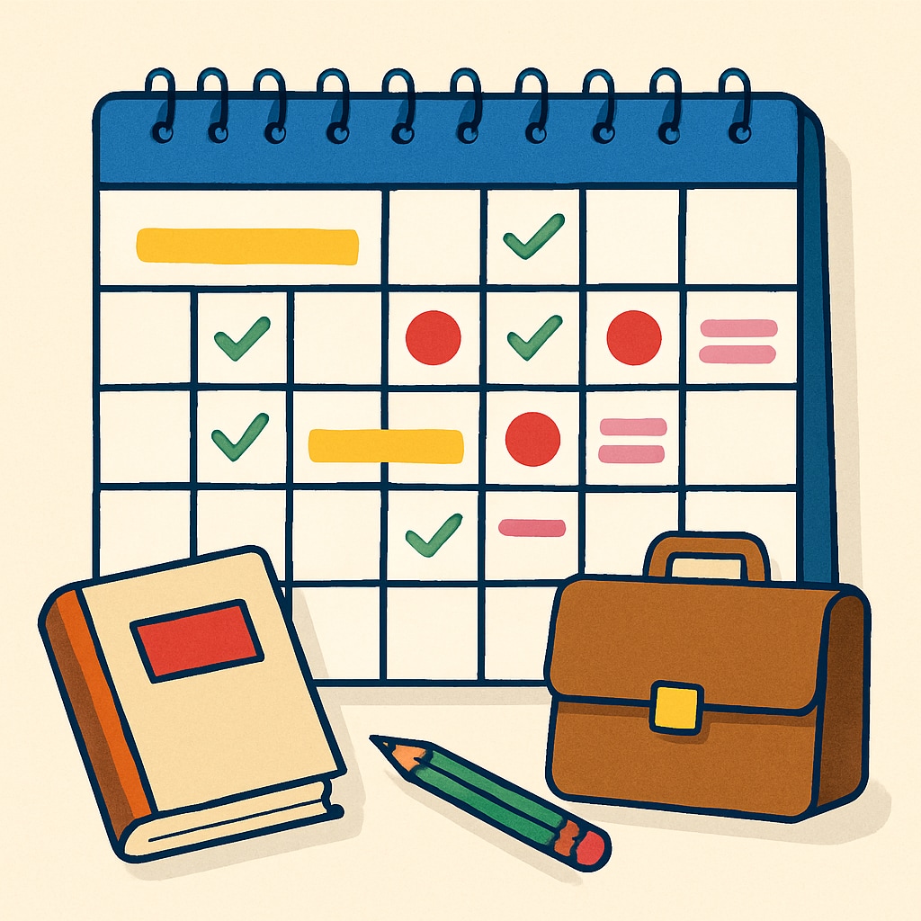 A calendar with tasks marked in bright colors, symbolizing time management strategies for balancing education and career. Image of a calendar illustrating effective time management for professionals.