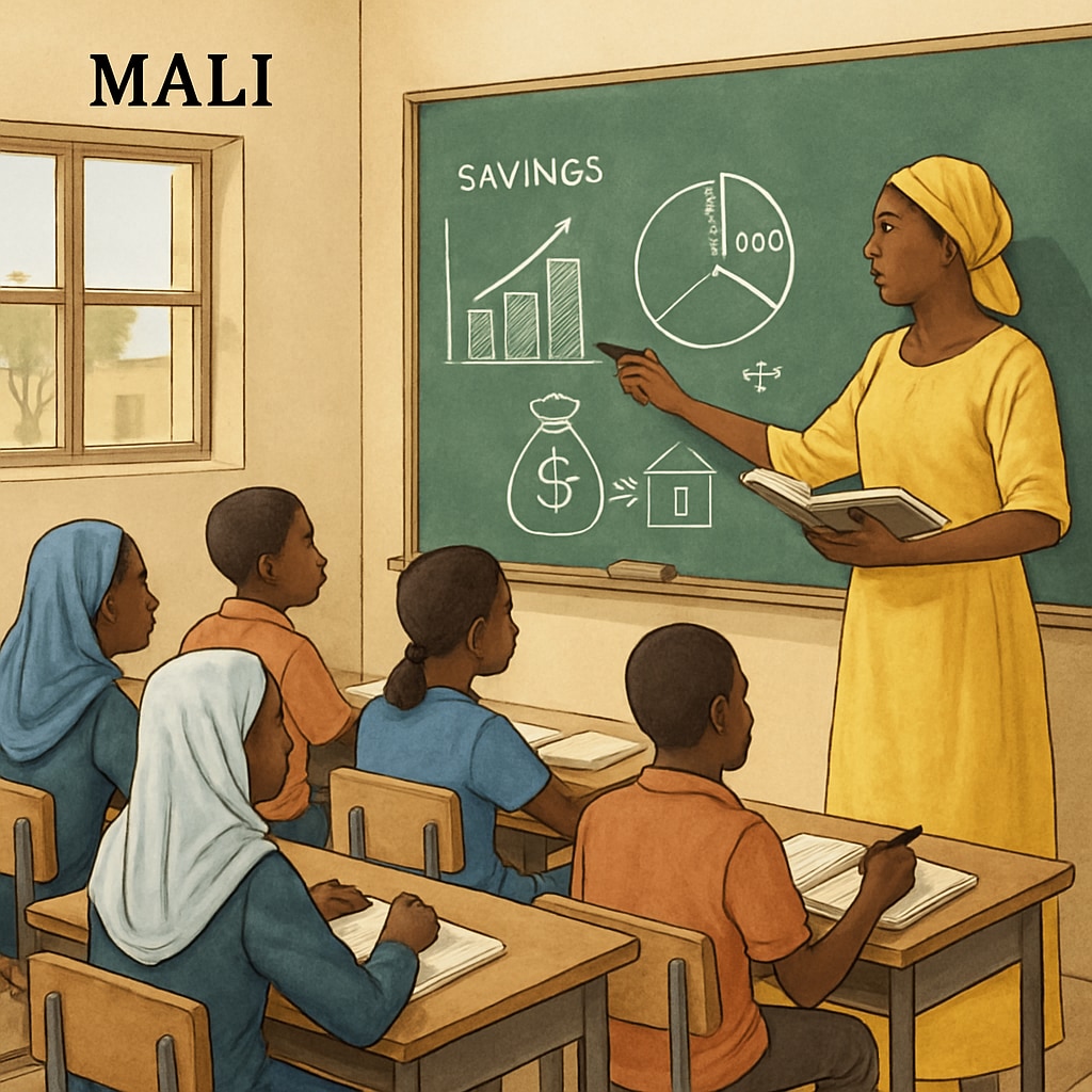 A group of students in Mali learning financial concepts in a classroom setting, representing efforts to improve K12 financial literacy. Students in Mali learning financial concepts in a classroom.