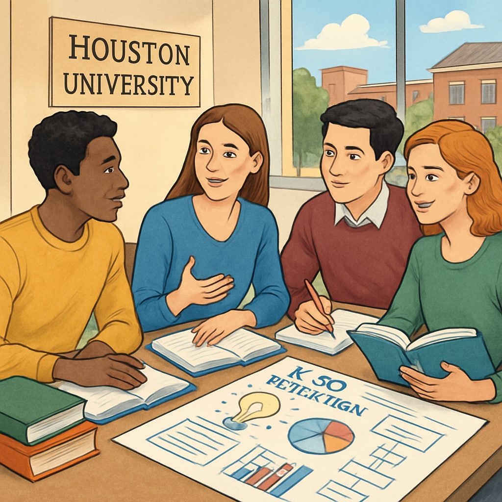 A vibrant and collaborative study group at Houston University, showcasing students discussing K12 Education topics. Houston University students in a study group discussing K12 Education.