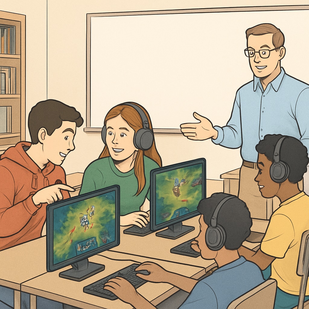 A group of students engaged in a classroom setting with esports on their screens, demonstrating collaborative learning through gaming. Students learning with esports as a classroom tool, showcasing game-based education.