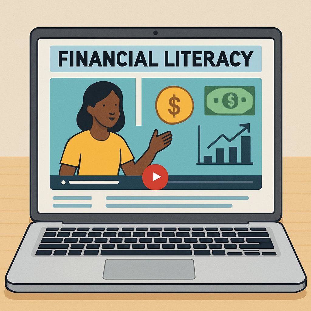 A laptop displaying an online financial literacy course, symbolizing self-learning opportunities for students in developing countries. Laptop showing an online financial literacy course for self-learning.