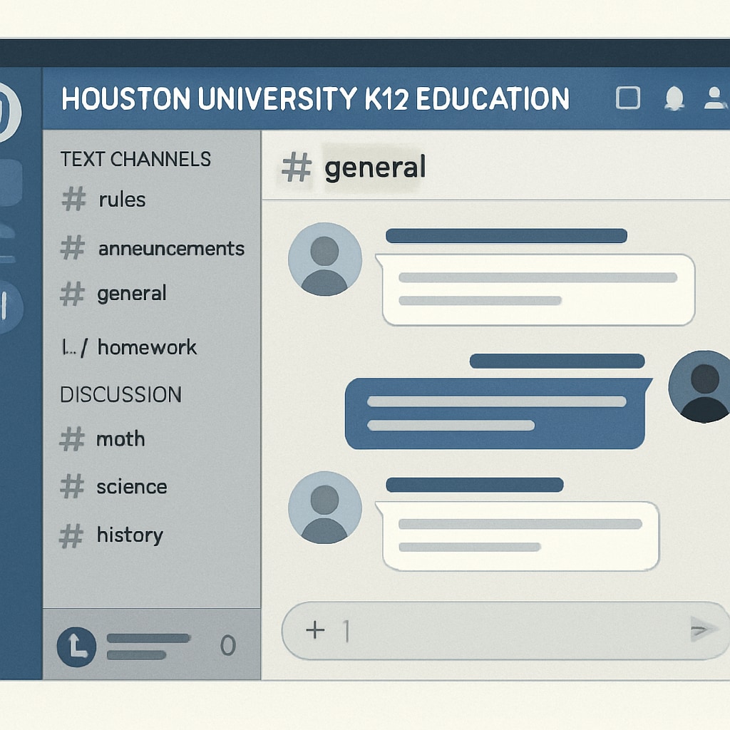 A screenshot of a Discord server dedicated to Houston University K12 Education students, showing organized channels and active discussions. Discord platform used by Houston University students for K12 Education collaboration.
