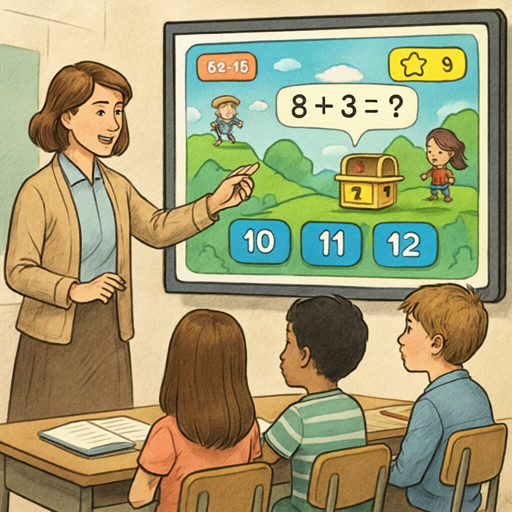 A teacher guiding students through a math lesson using a gamified platform, with on-screen visuals illustrating game-based learning techniques. Teacher using a gamified platform to teach math, an example of game-based learning in action.
