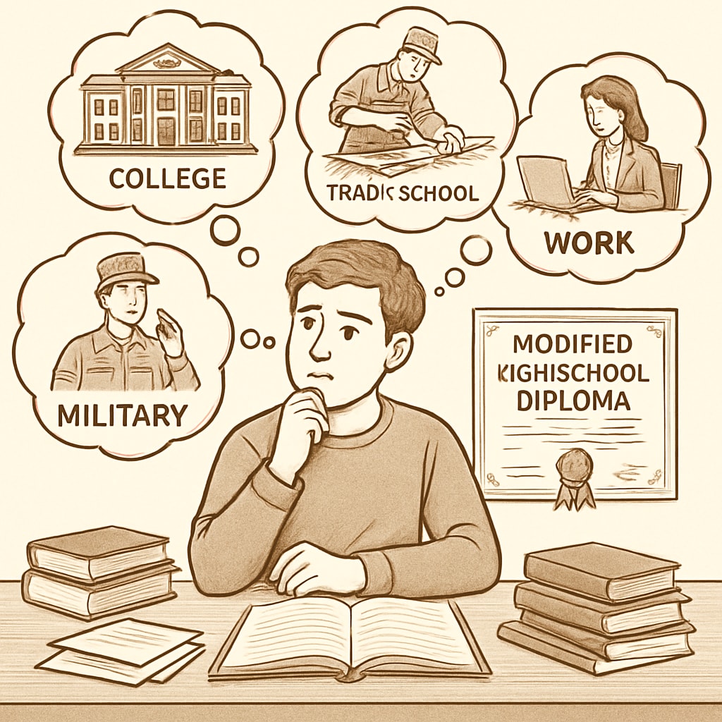 A thoughtful student sitting at a desk, considering different career paths after graduating with a modified high school diploma. Student reflecting on growth opportunities after earning a modified high school diploma.